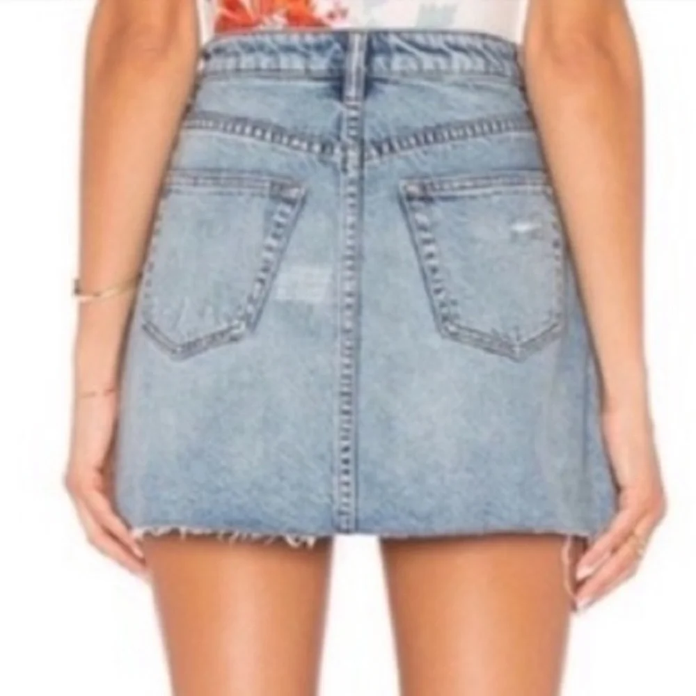 We the Free 29 blue BOHO button fly distressed fringe hem denim jean mini skirt